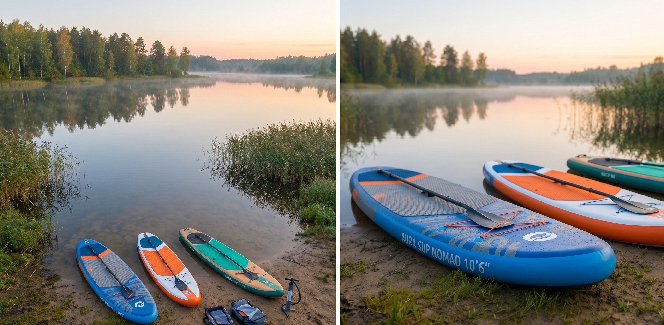 SUP-борды на берегу спокойного озера
